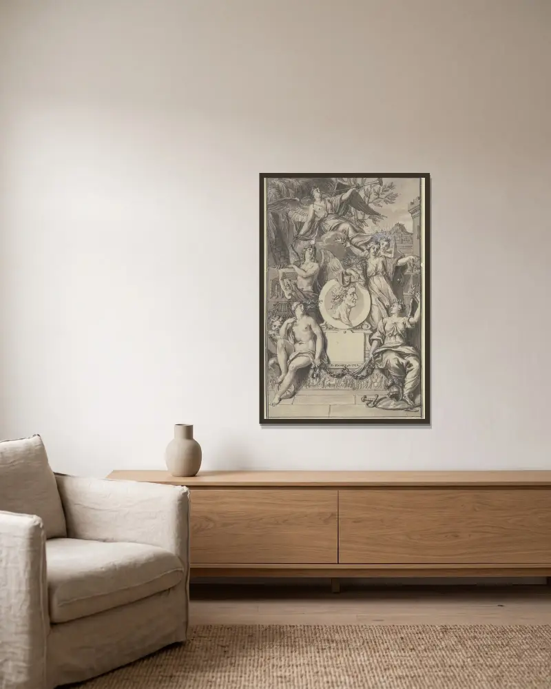 Abundantia hält das Medaillon eines mit Lorbeer gekrönten Mannes, oben schwebt ein Faun von Bernard Picart gerahmt an einer Wand