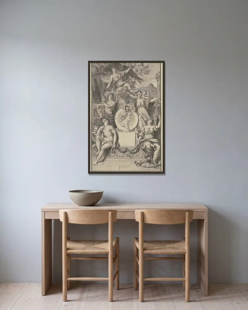 Abundantia hält das Medaillon eines mit Lorbeer gekrönten Mannes, oben schwebt ein Faun von Bernard Picart gerahmt an einer Wand