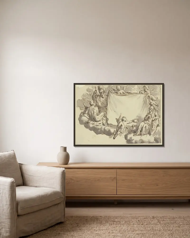 Amoretten halten ein Tuch, rechts Minerva, links Herkules und Mars av Bernard Picart inramad på en vägg