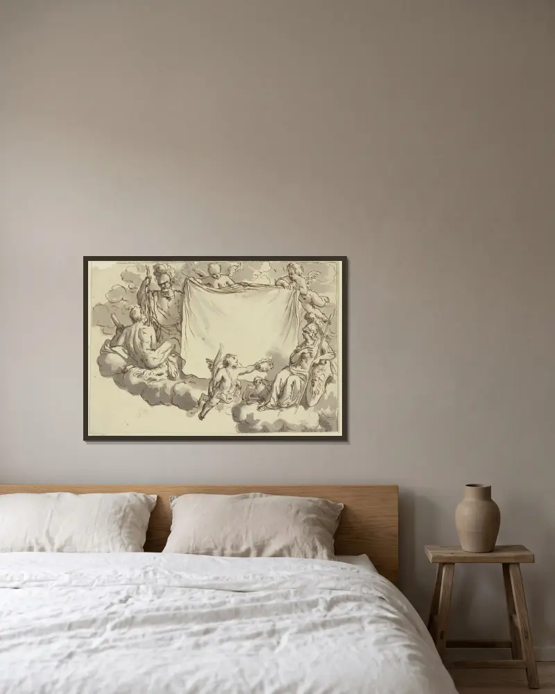 Amoretten halten ein Tuch, rechts Minerva, links Herkules und Mars av Bernard Picart inramad på en vägg