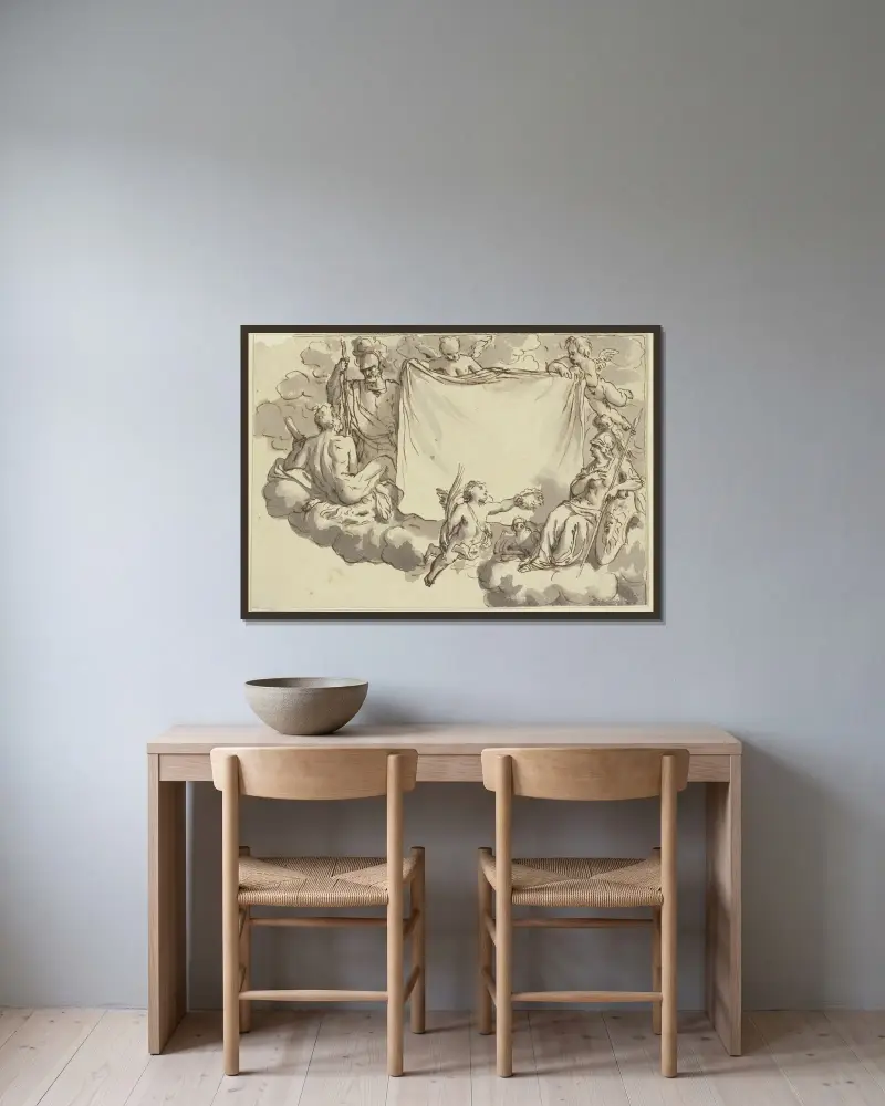 Amoretten halten ein Tuch, rechts Minerva, links Herkules und Mars av Bernard Picart inramad på en vägg