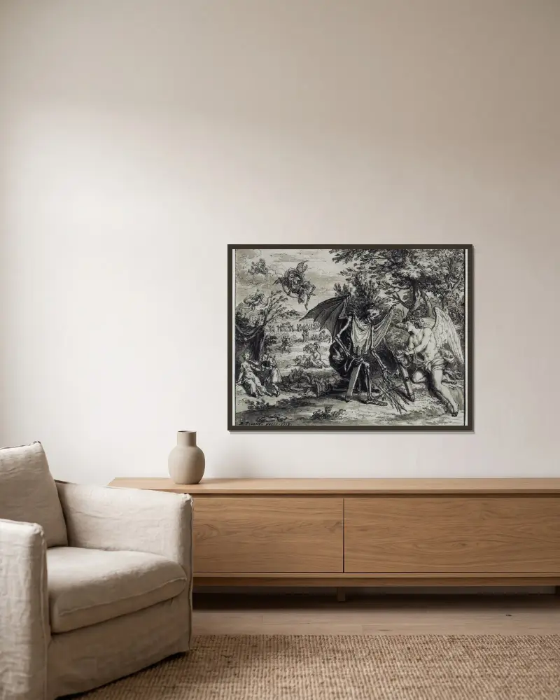 Amor und der Tod von Bernard Picart gerahmt an einer Wand