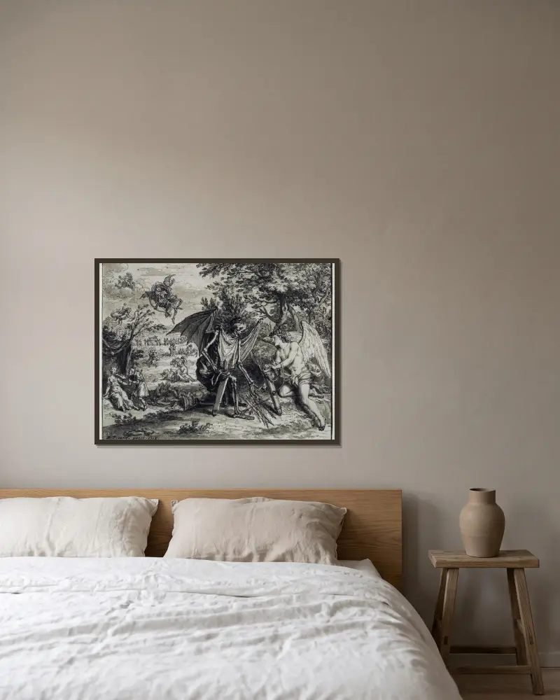 Amor und der Tod von Bernard Picart gerahmt an einer Wand