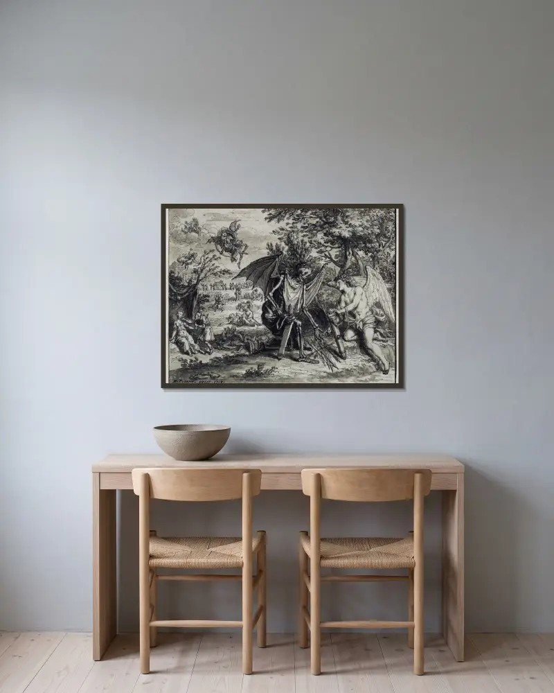 Amor und der Tod von Bernard Picart gerahmt an einer Wand