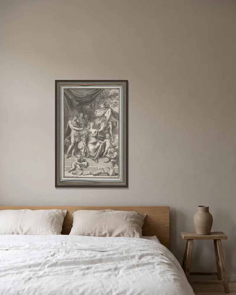 Entwurf für ein Frontispiz von Bernard Picart gerahmt an einer Wand