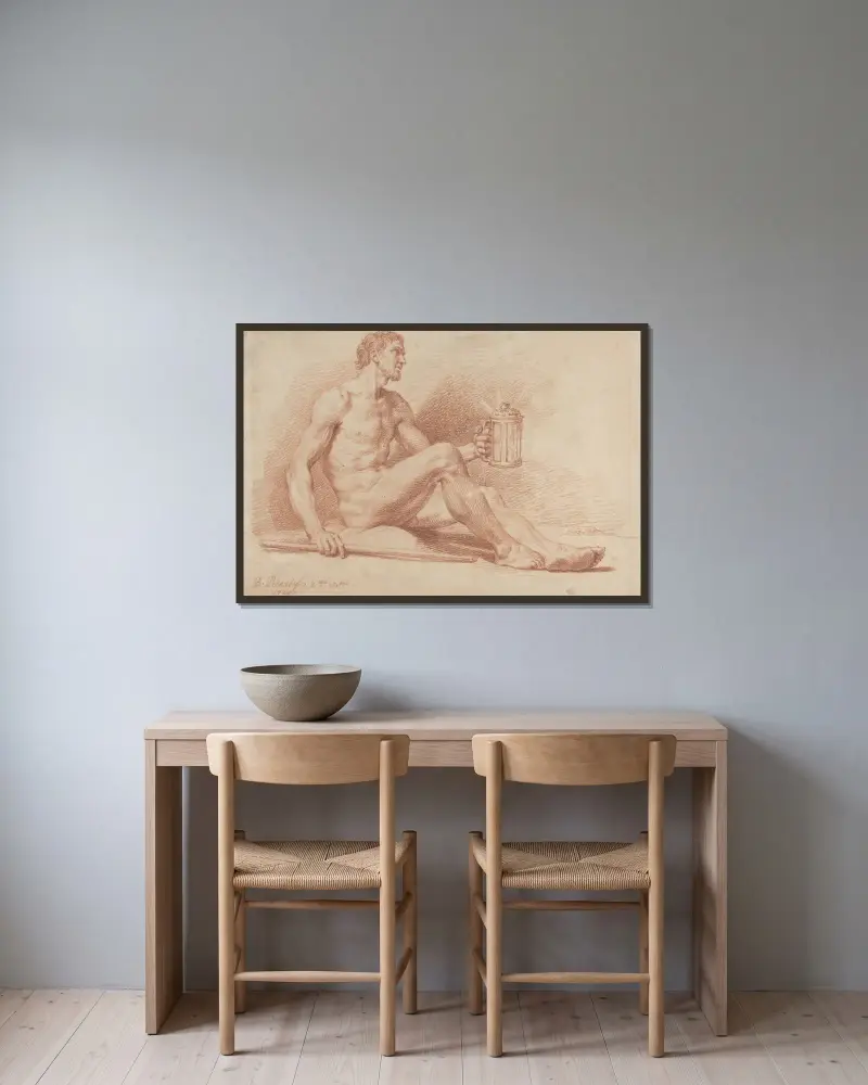 Male Nude with a Lamp (Diogenes) av Bernard Picart inramad på en vägg