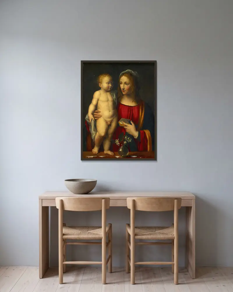 Madonna With Child av Bernardino Luini inramad på en vägg