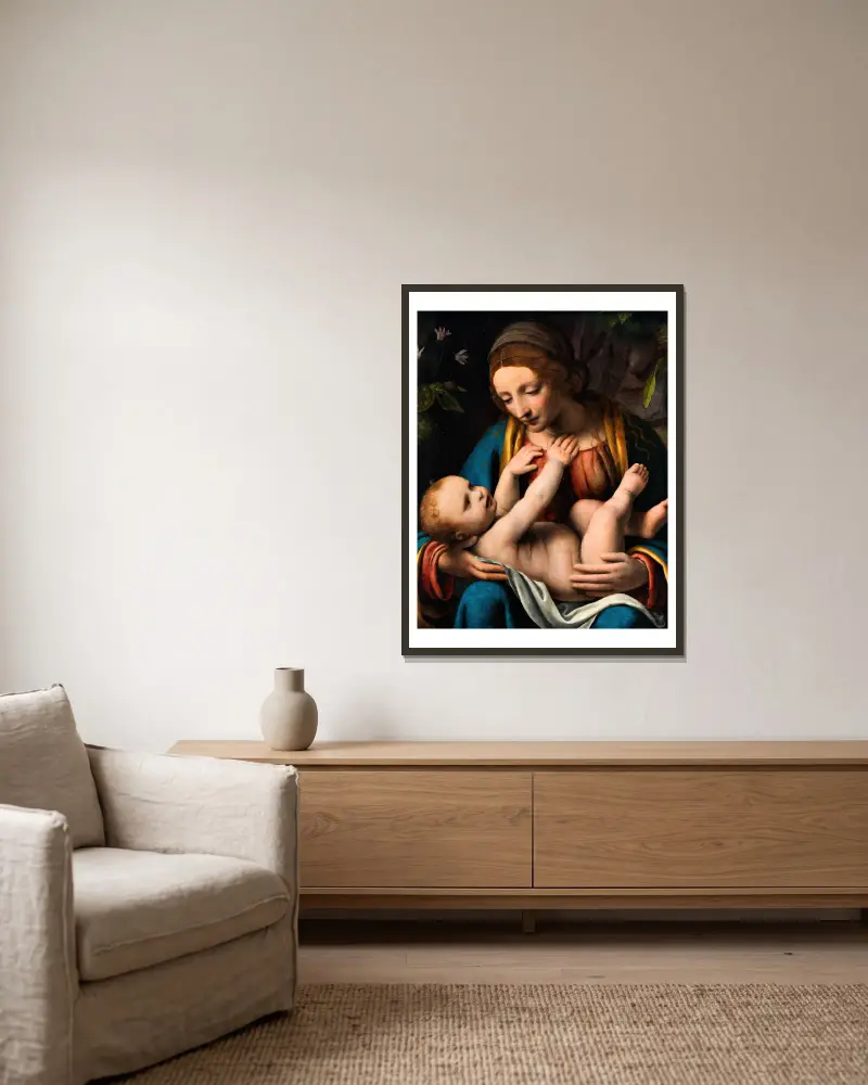 Madonna with the Christ Child av Bernardino Luini inramad på en vägg