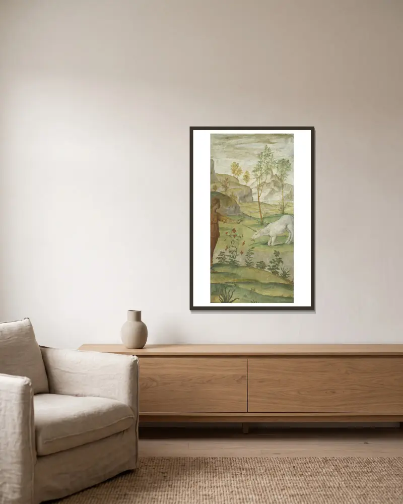 Procris und das Einhorn von Bernardino Luini gerahmt an einer Wand