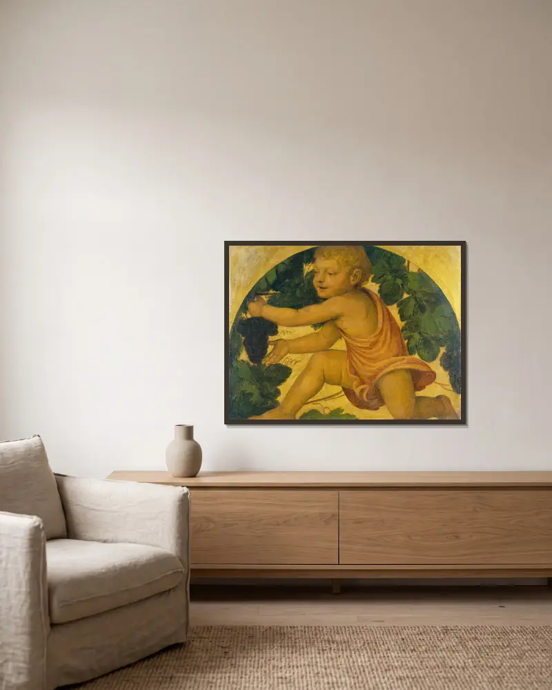 Putto bei der Weinernte von Bernardino Luini gerahmt an einer Wand