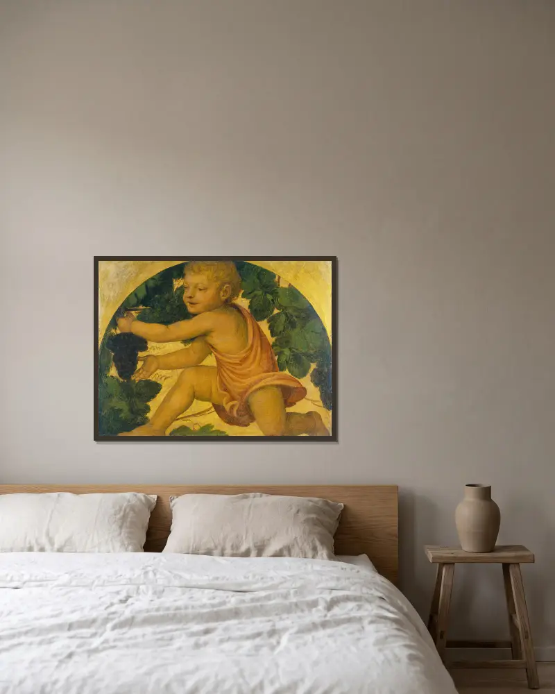 Putto bei der Weinernte von Bernardino Luini gerahmt an einer Wand