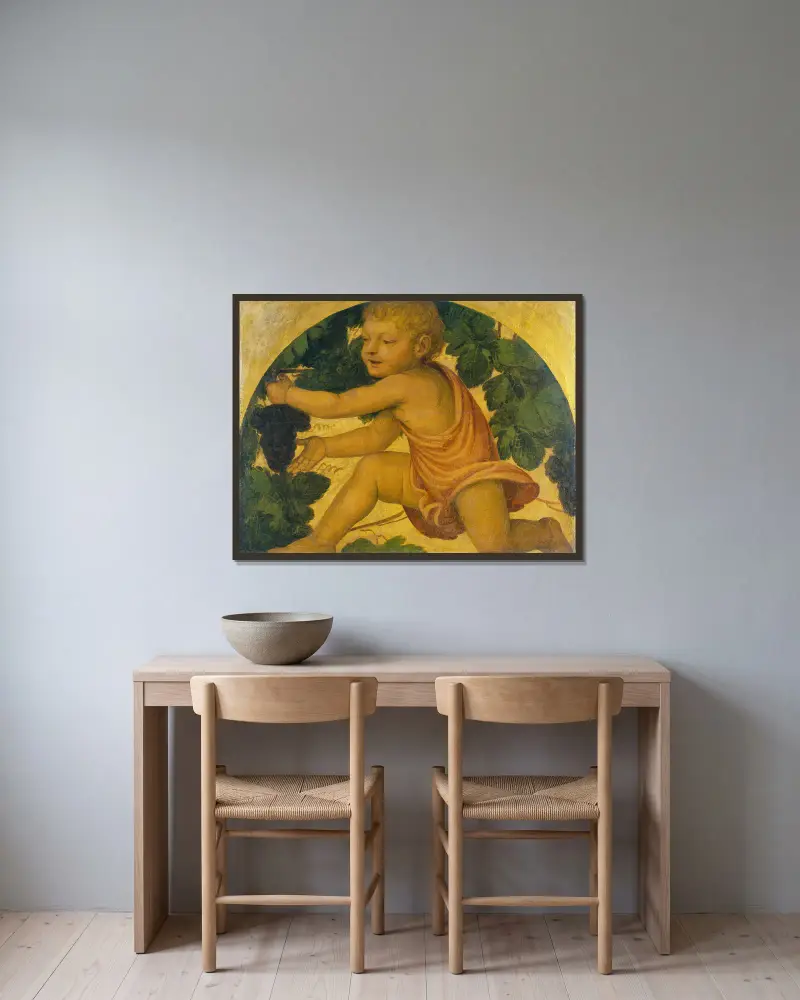 Putto bei der Weinernte von Bernardino Luini gerahmt an einer Wand