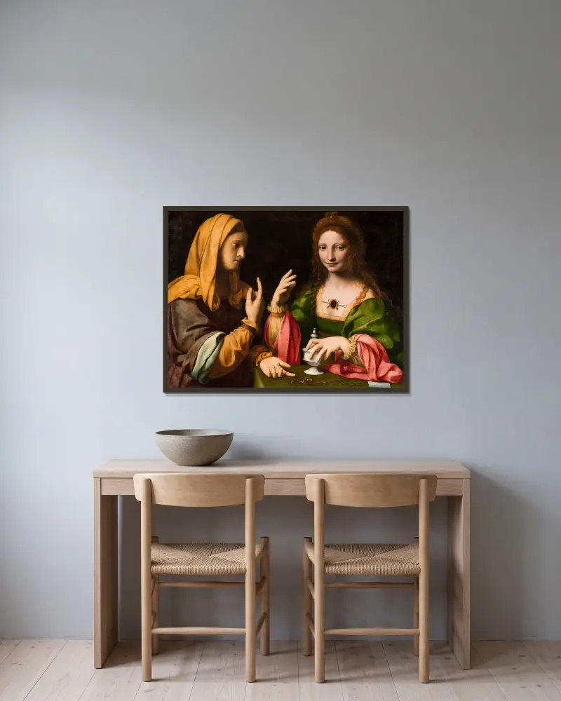 The Conversion of the Magdalen av Bernardino Luini inramad på en vägg