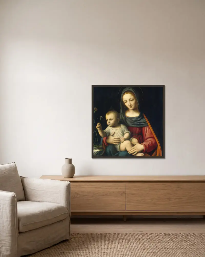 The Madonna of the Carnation av Bernardino Luini inramad på en vägg