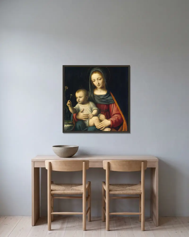 The Madonna of the Carnation av Bernardino Luini inramad på en vägg