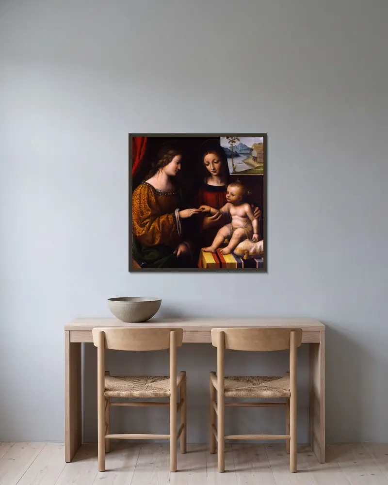 The Mystical Marriage of Saint Catherine av Bernardino Luini inramad på en vägg
