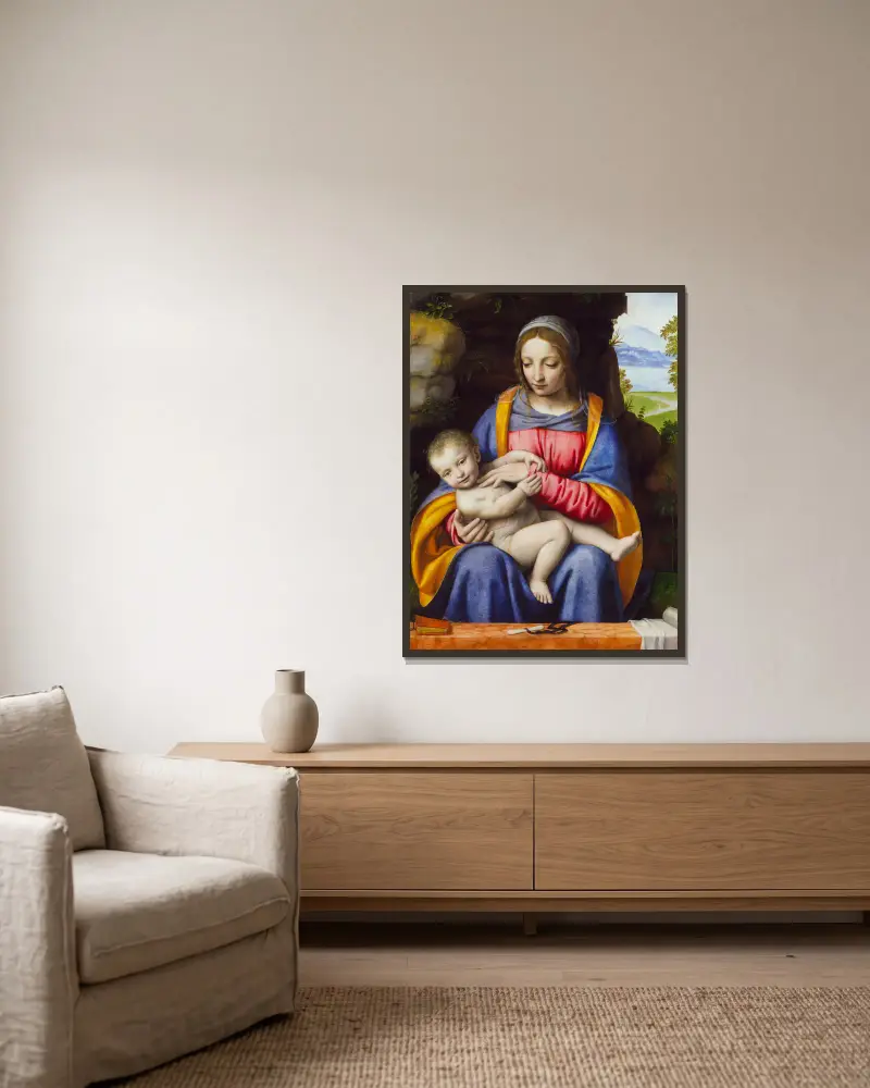The Virgin and Child in a Landscape av Bernardino Luini inramad på en vägg