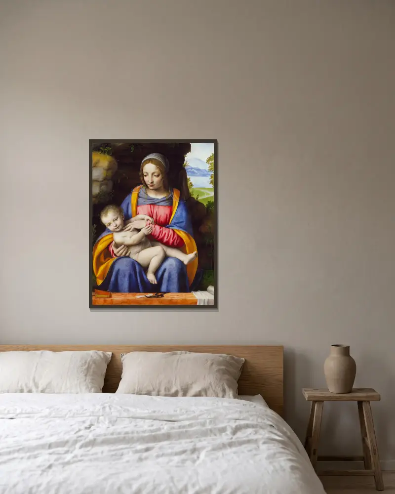 The Virgin and Child in a Landscape av Bernardino Luini inramad på en vägg