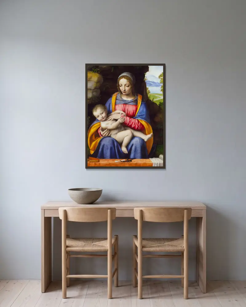 The Virgin and Child in a Landscape av Bernardino Luini inramad på en vägg