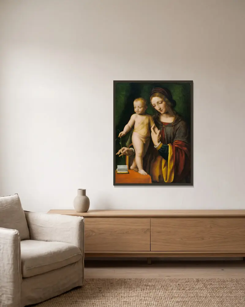 The Virgin and Child with a Columbine av Bernardino Luini inramad på en vägg