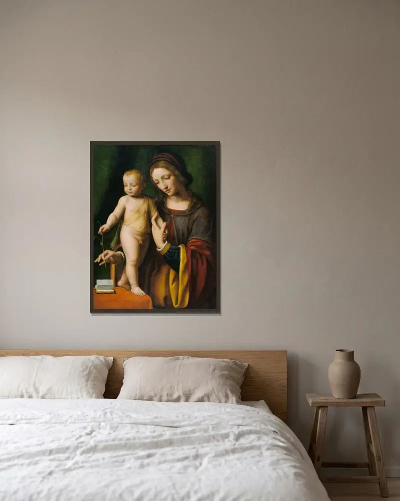 The Virgin and Child with a Columbine av Bernardino Luini inramad på en vägg