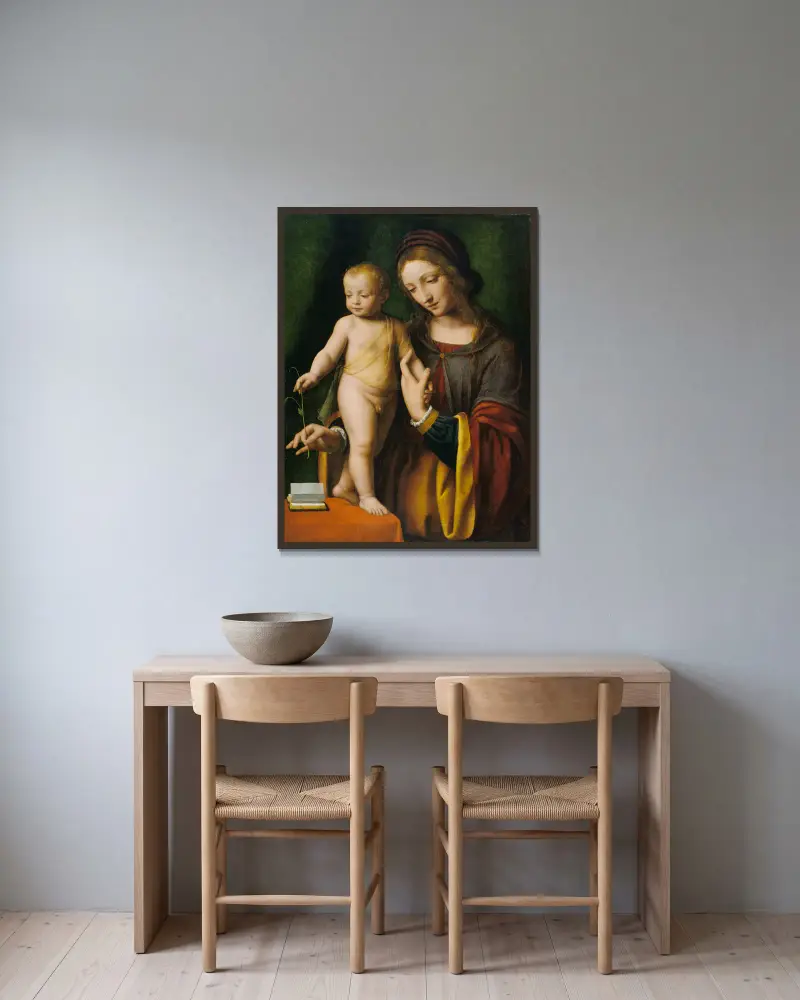 The Virgin and Child with a Columbine av Bernardino Luini inramad på en vägg
