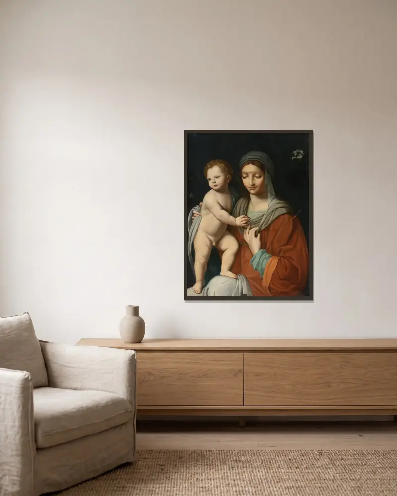 Jungfrau und Kind von After Bernardino Luini gerahmt an einer Wand