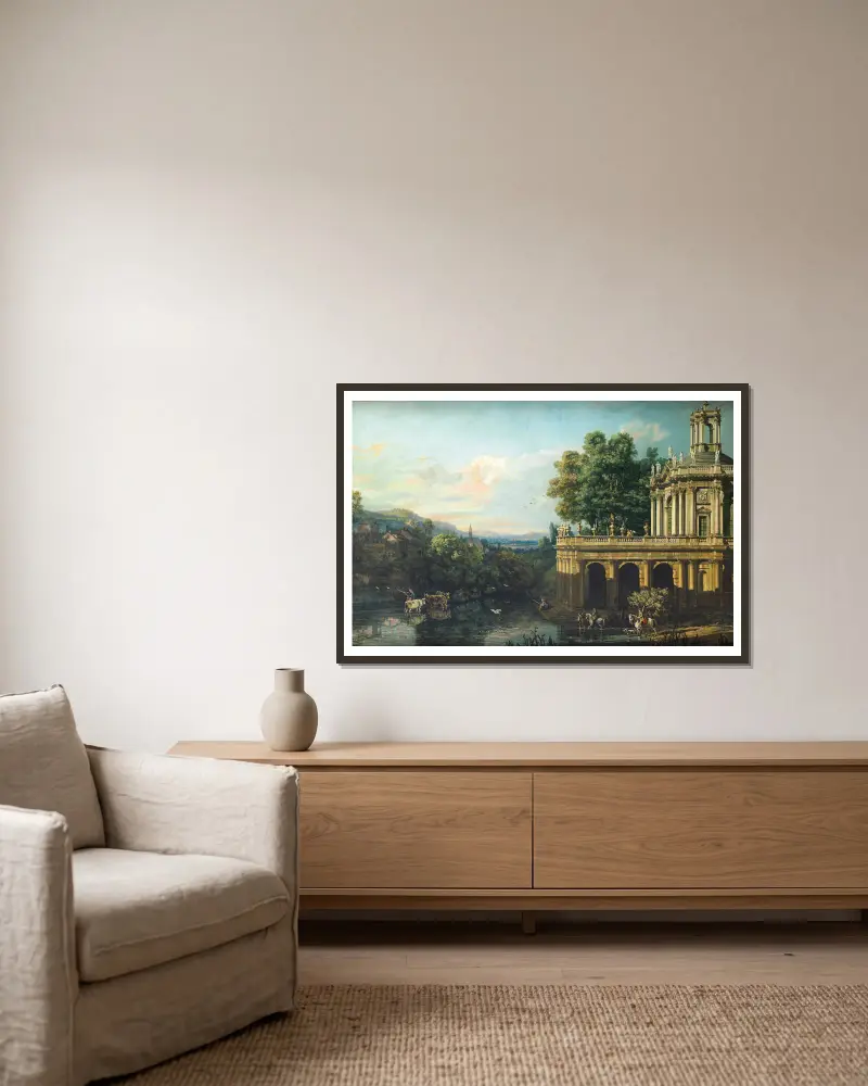 Architectural Caprice with a Palace av Bernardo Bellotto inramad på en vägg