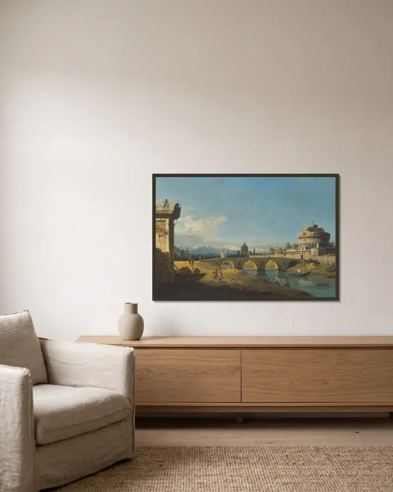 Capriccio med romerska monument, bland annat Castel Sant'Angelo och Peterskyrkan av Bernardo Bellotto inramad på en vägg