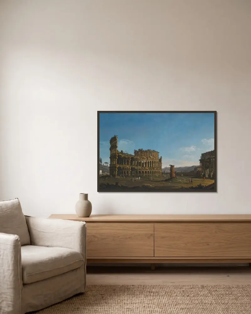 Rome, a view of the Colosseum and the Arch of Constantine av Bernardo Bellotto inramad på en vägg