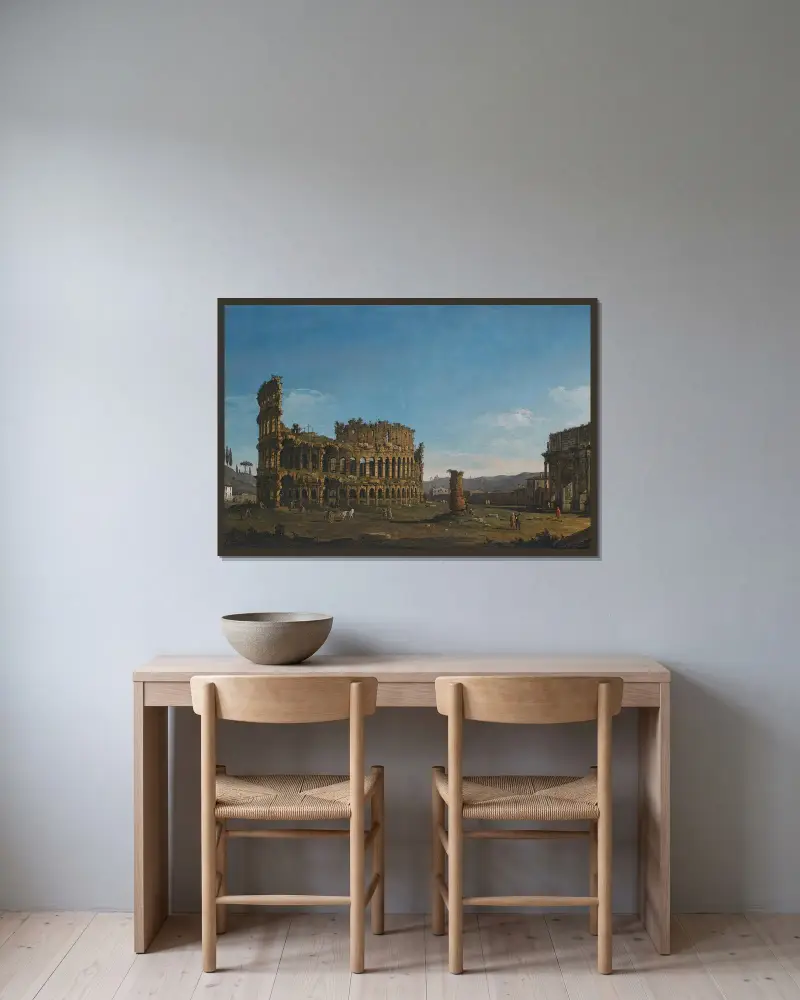 Rome, a view of the Colosseum and the Arch of Constantine av Bernardo Bellotto inramad på en vägg