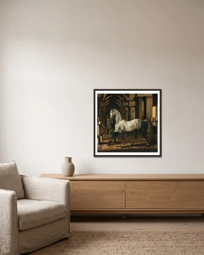 Stable boy leading a horse av Bernardo Bellotto inramad på en vägg