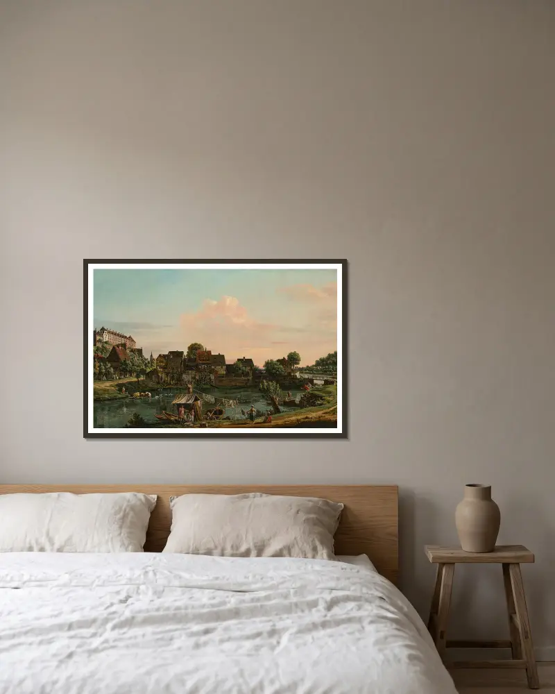 The Fishermen’s Village at Pirna av Bernardo Bellotto inramad på en vägg