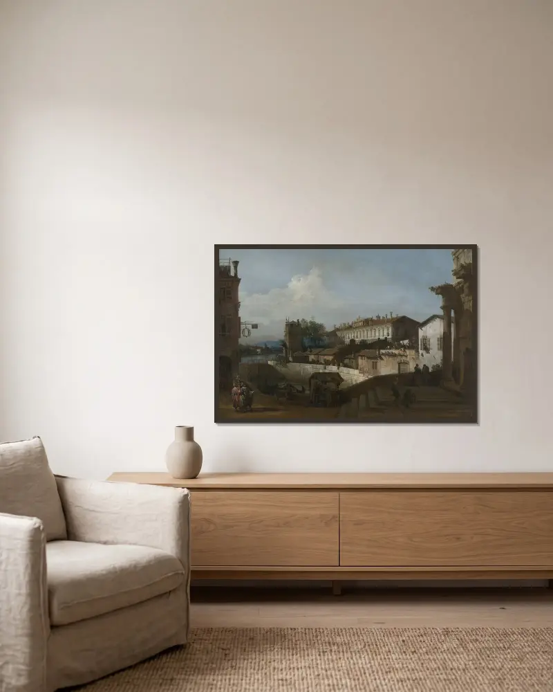 Die Schleuse bei Dolo von Bernardo Bellotto gerahmt an einer Wand