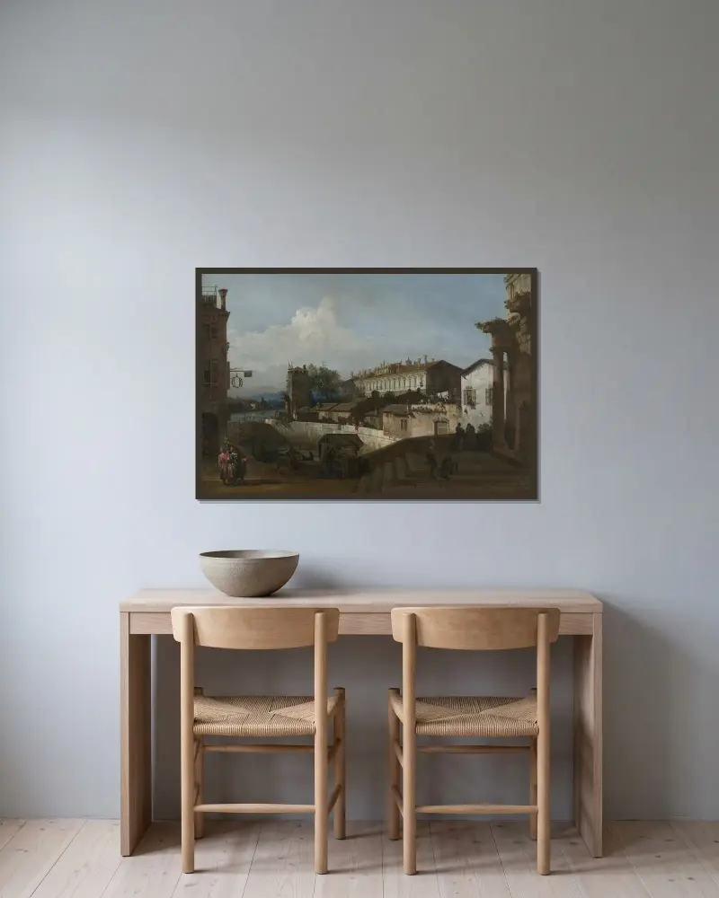 Die Schleuse bei Dolo von Bernardo Bellotto gerahmt an einer Wand