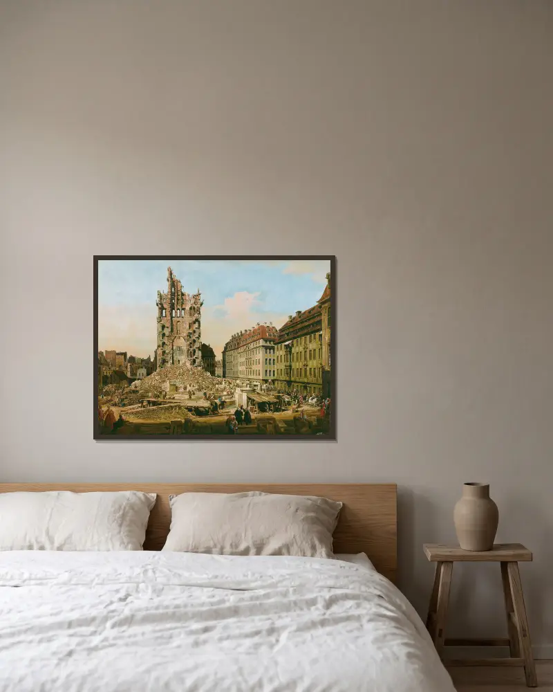 Ruinerna av den gamla Kreuzkirche, Dresden av Bernardo Bellotto inramad på en vägg