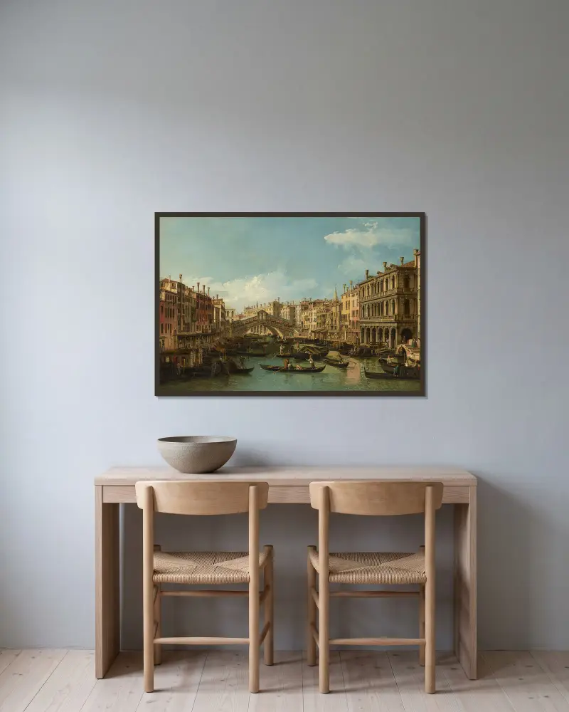 Venice, the Grand Canal with the Rialto Bridge seen from the South av Bernardo Bellotto inramad på en vägg