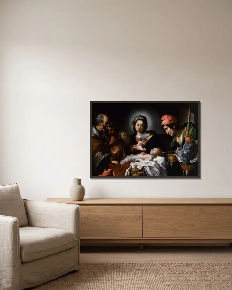 Adoration Of The Shepherds av Bernardo Strozzi inramad på en vägg