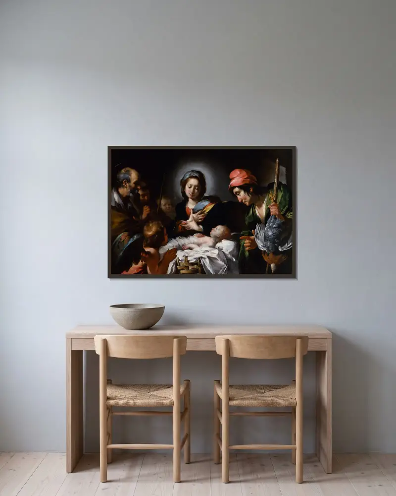 Adoration Of The Shepherds av Bernardo Strozzi inramad på en vägg