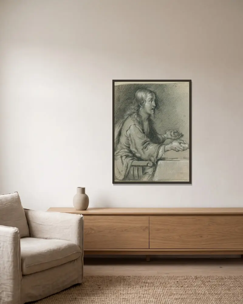 Kristus v Emauzích láme chléb, Bernardo Strozzi v rámu na stěně