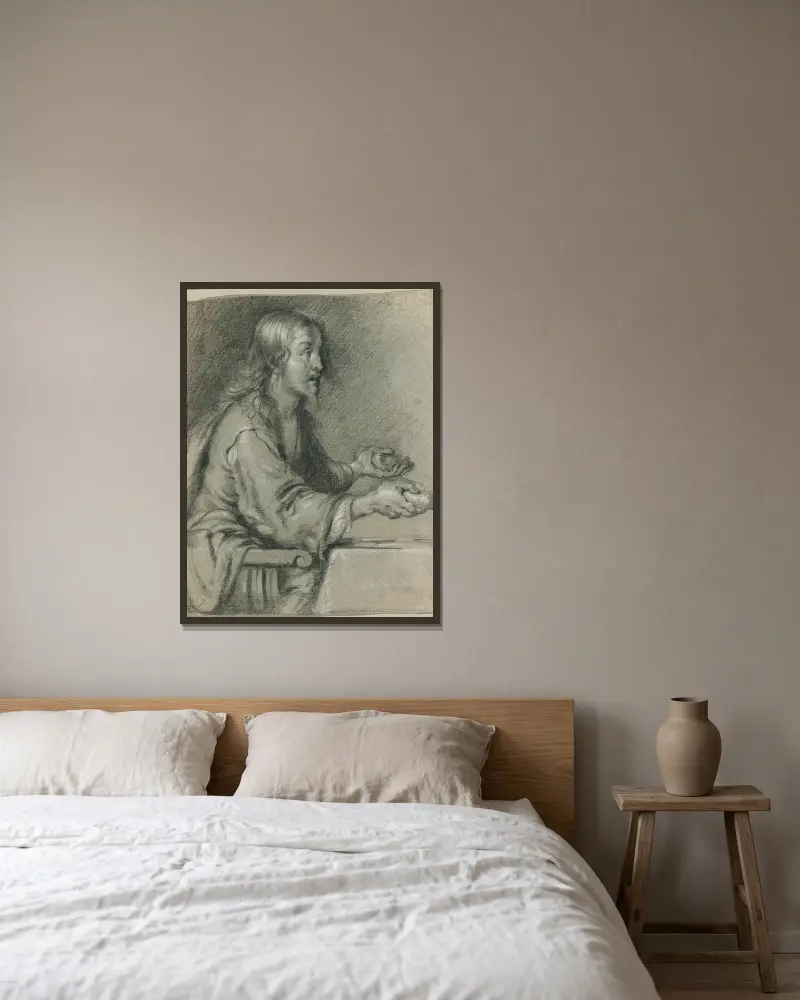 Kristus v Emauzích láme chléb, Bernardo Strozzi v rámu na stěně