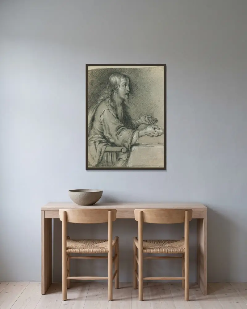Kristus v Emauzích láme chléb, Bernardo Strozzi v rámu na stěně