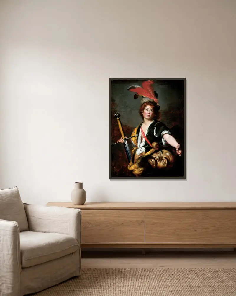 David with the Head of Goliath av Bernardo Strozzi inramad på en vägg