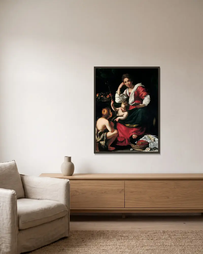 Madonna And Child With Infant Saint John av Bernardo Strozzi inramad på en vägg
