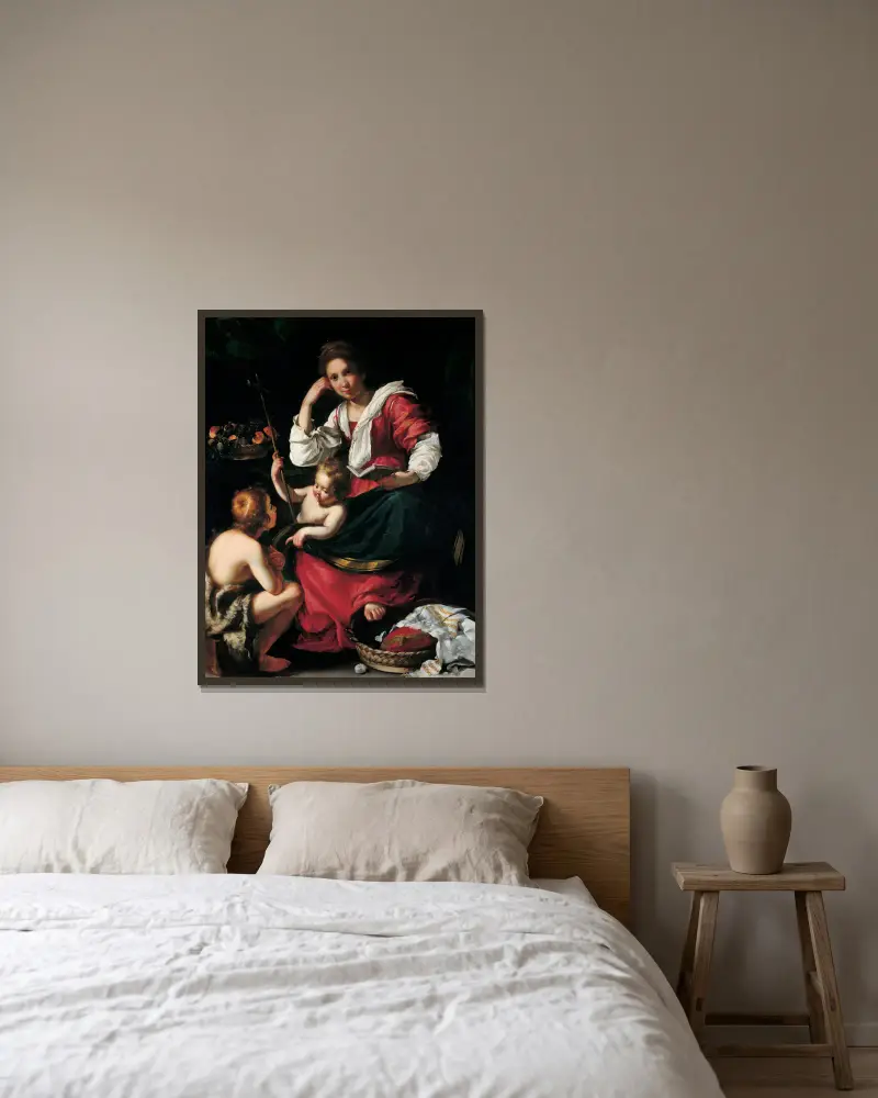 Madonna And Child With Infant Saint John av Bernardo Strozzi inramad på en vägg