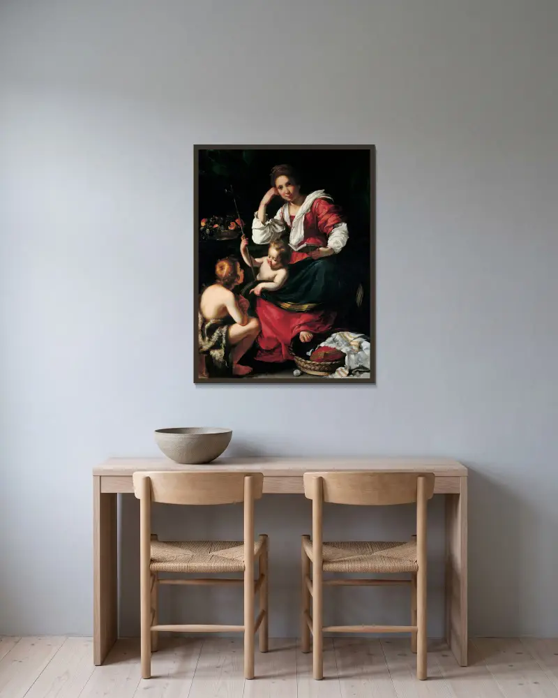 Madonna And Child With Infant Saint John av Bernardo Strozzi inramad på en vägg