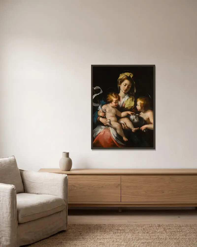 Madonna z Dzieciątkiem i małym św. Janem Chrzcicielem, Bernardo Strozzi w ramie na ścianie