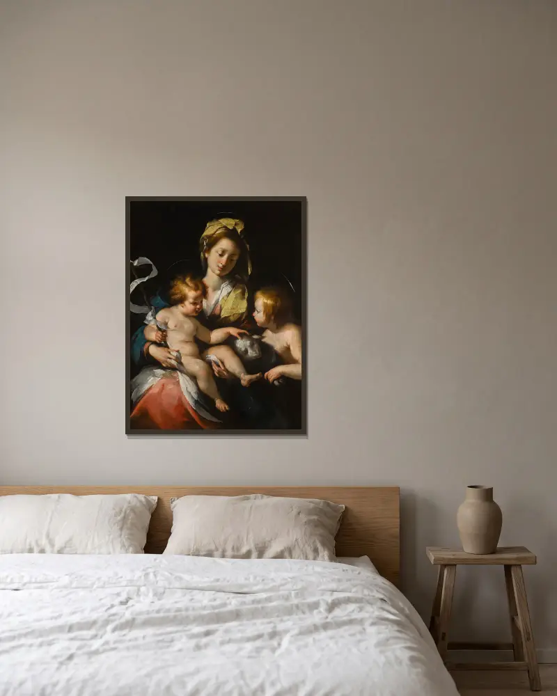 Madonna z Dzieciątkiem i małym św. Janem Chrzcicielem, Bernardo Strozzi w ramie na ścianie
