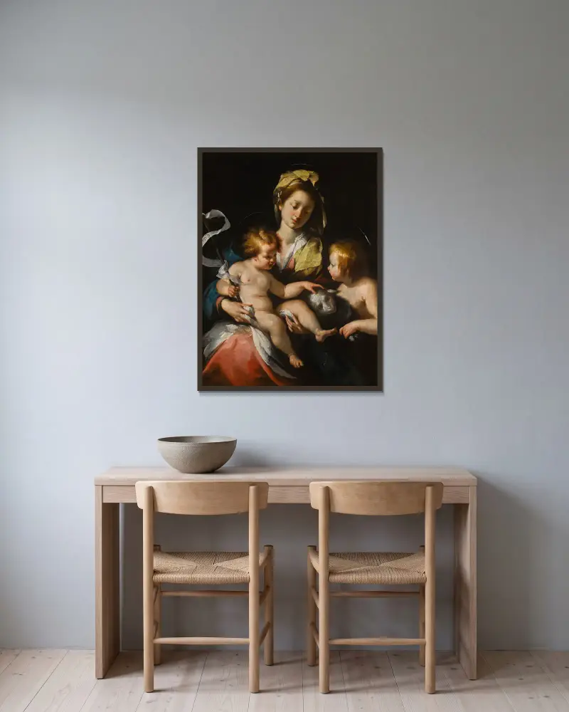 Madonna z Dzieciątkiem i małym św. Janem Chrzcicielem, Bernardo Strozzi w ramie na ścianie