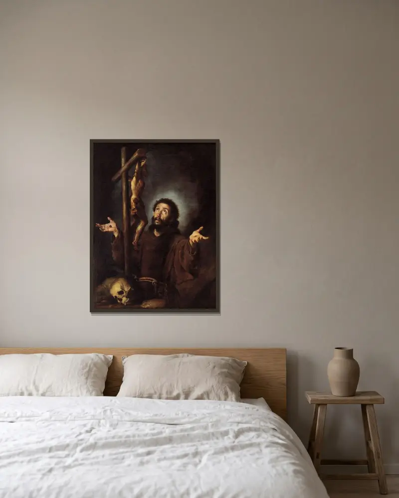 Franciskus av Assisi tillbedjande krucifixet av Bernardo Strozzi inramad på en vägg